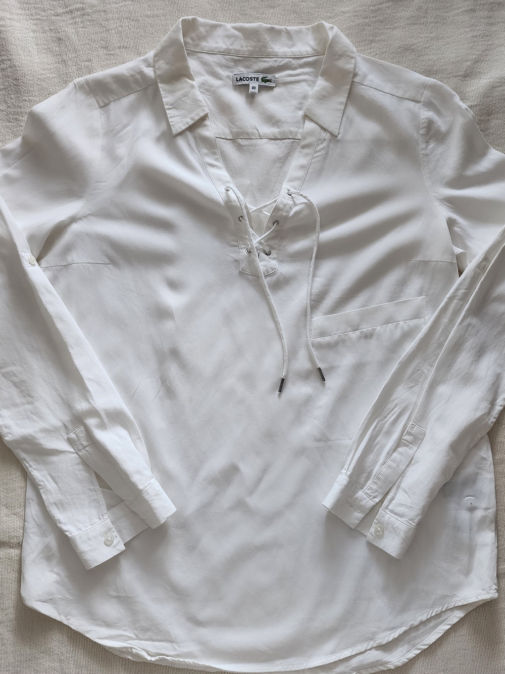 LACOSTE White Lace-Up V-Neck Long Sleeve Blouse Shirt - Size 40 (US 8)